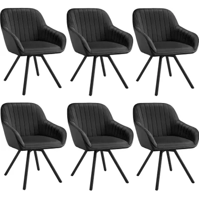 Six black upholstered chairs are arranged in two rows of three against a white background.