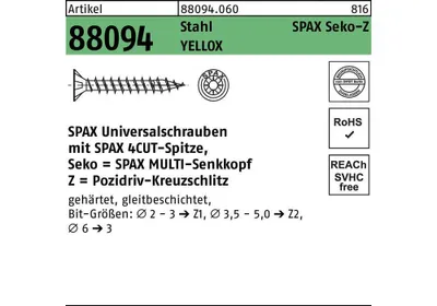 Produktbild von Schraube R 88094 Senkkopf m.Spitze/Kreuzschl.-PZ 3,5 x 12/ 9-Z Stahl galvanisch verzinkt gelb