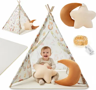 Immagine prodotto di Tenda tepee per bambini Mamabrum con tappetino, cuscini e LED – Magica tenda da gioco
