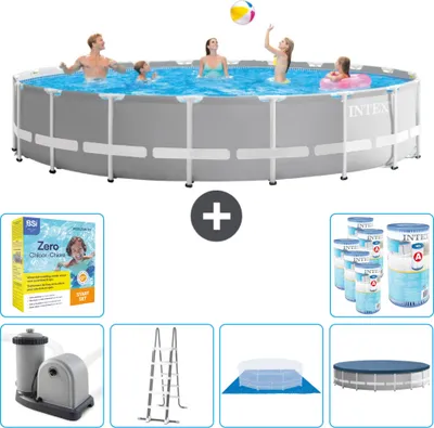 Produktbild von Intex Round Prism Frame Swimming Pool – 610 x 132 cm – Grau – inklusive Pumpe – Leiter – Bodenplane – Abdeckung Wartungspaket - Filter