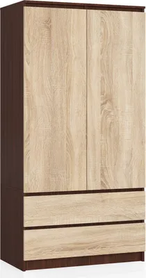 Produktbild von Kleiderschrank AKORD S90 Wenge 90 cm 2 Türen 2 Schubladen 4 Ebenen Front Sonoma-Eiche B90 x H180 x T51 cm