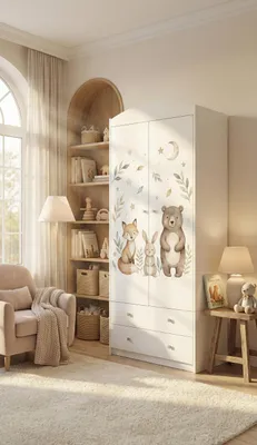 Image de Armoire pour enfant blanche 88 x 187 cm, armoire à vêtements pour enfants, 2 portes, 2 tiroirs, avec tringle à vêtements, mobilier de chambre d'enfant, autocollants colorés