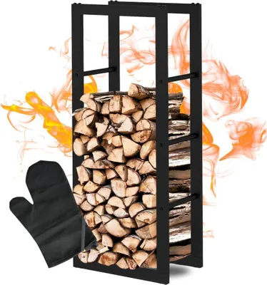 Produktbild von DELUKE® Kaminholzregal innen Metall KEOP | Schwarz | 40x25x100cm | Brennholzregal Inkl. Ofenhandschuh | Feuerholzregal Kaminholzhalter Holzständer Holzhalter Holzlager