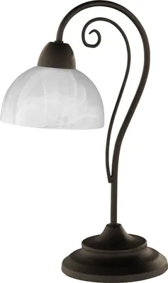 A table lamp with a dark brown base and stem, and a white, frosted glass shade.