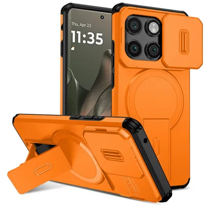 Obrázek produktu pro Magnetické pouzdro pro Motorola Edge 2025, dvouvrstvé odolné pouzdro s posuvnou ochranou fotoaparátu a nastavitelným stojánkem Oranžová