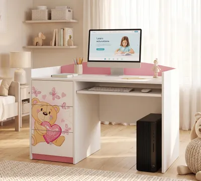 Produktbild von Rosa Kinderschreibtisch mit Schublade und Schrankfach, Schülerschreibtisch Hausaufgabentisch für Mädchen, Computertisch mit Motiv, KI-generiertes Bild