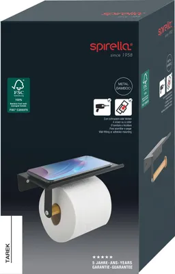 Image de Porte-rouleau de WC Spirella "Tarek" en bambou Porte-papier toilette avec support pour smartphone à coller ou à percer Noir