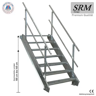 Produktbild von 7 Stufen Stahltreppe beidseitig. Geländer Breite 100cm Geschosshöhe 100-140cm