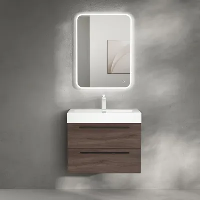 Image de doporro Meuble de Salle de Bains Chêne Ensemble de 3 Pièces Meuble Suspendu avec Lavabo 73 cm et Miroir LED Design Quadratto