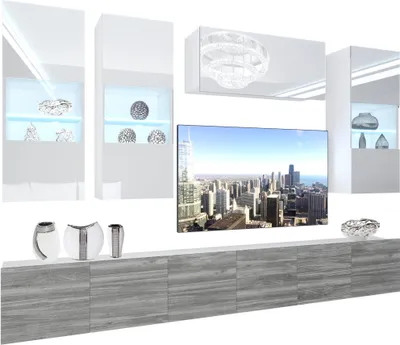 Produktbild von BELINI Wohnwand Vollausstattung Wohnzimmer-Set Moderne Schrankwand mit LED-Beleuchtung Weiß Glänzend Anbauwand TV-Schrank Weiß / Glamourholz Glänzend/Matt