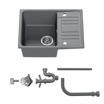 Produktbild von HOROW Granit Küchespüle Grau, Beidseitig montierbare Spülbecken, Waschbecken Küche Inkl. Siphon-Set - 1 Becken Einbauspüle Inkl. Siphon-Set 57 x 45 cm