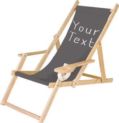 A gray fabric deck chair with wooden frame and armrests, isolated on a white background.