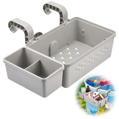 A grey plastic storage basket with hooks for hanging on the side of a pool or hot tub, shown with a smaller divided compartment and a larger compartment with drainage holes. A smaller inset image shows the basket in use, holding drinks and pool toys.