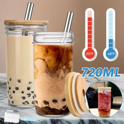 Produktbild von 2er 24OZ Bubble Tea Becher Trinkgläser Masongläser mit Deckel & Strohhalm Glasbecher 720ML