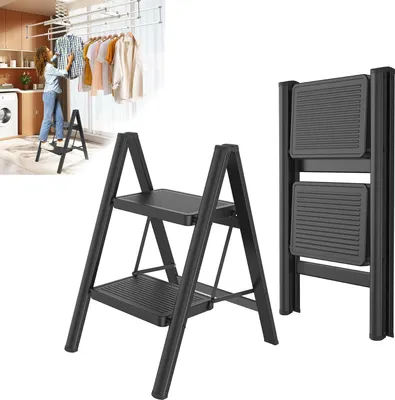 A woman is using a step stool to hang clothes on a drying rack in a laundry room. A separate image shows the step stool folded.