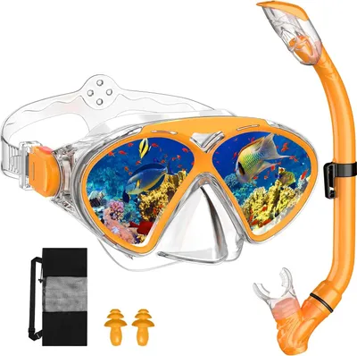 Immagine prodotto di Maschera subacquea impermeabile per bambini con top asciutto, occhiali da snorkeling e antiappannamento - vista panoramica a 180° - bambini e bambine
