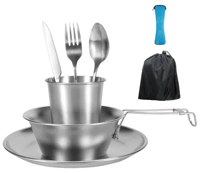 Immagine prodotto di Omgoods - Set di posate da campeggio in acciaio inossidabile, composto da 7 pezzi, con custodia