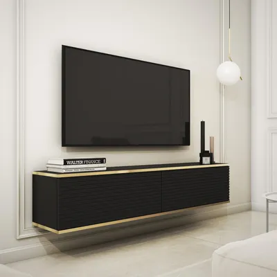 Productafbeelding van Wandmeubel FORNO, zwart, geribbeld front, Glamour Art Deco stijl, 135 cm