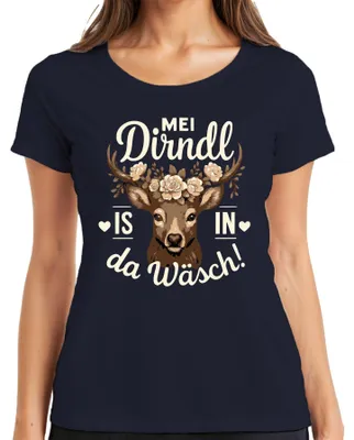 Produktbild von Mei Dirndl is in da Wäsch  Wiesn Tracht Hirsch Bayeris Damen T-Shirt, Navy, L