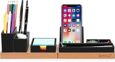 Produktbild von Famanu Büro-Organizer mit verstellbarem Stifthalter und Telefonhalter - Holz
