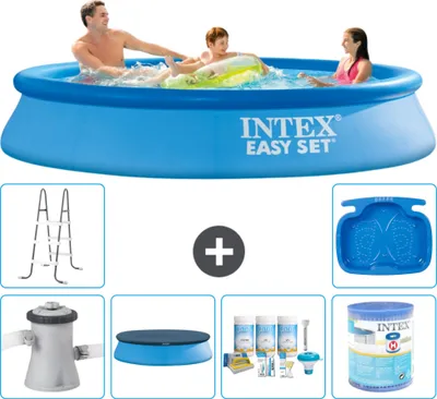 Produktbild von Intex runder aufblasbarer Easy Set-Schwimmpool – 305 x 61 cm – Blau – inklusive Pumpe Abdeckung - Wartungspaket - Filter - Leiter - Fußbad