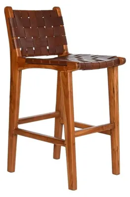 Kruk aus Leder und Teakholz, braun, 41x53x90 cm