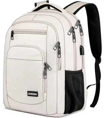 Productafbeelding van Rugzak voor heren, 15,6 inch, waterdicht, met USB-oplaadpoort, geschikt voor school, werk en reizen, kleur: beige