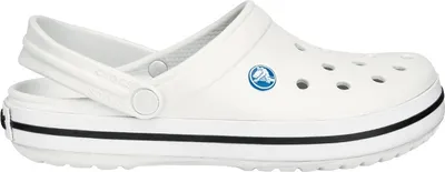 A white Crocs Crocband Clog sandal is shown from the side.