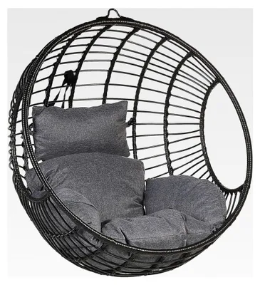 Produktbild von Hängekorbsessel aus Rattan Schwarz ohne Gestell inkl. Sitz- und Kopfkissen