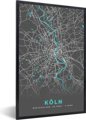 Produktbild von MuchoWow® Gerahmtes Poster Deutschland - Blau - Köln - Stadtplan - Karte 60x90 cm - Poster mit Schwarzem Bilderrahmen Wandposter Rahmen Foto Bilder - Kunst