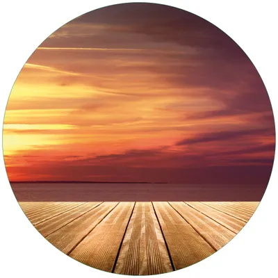 Produktbild von Wallario Premium Glasbild, freischwebende Optik, kräftige Farben, rund 50cm Durchmesser, Motiv Steg am See - Sonnenuntergang und roter Himmel
