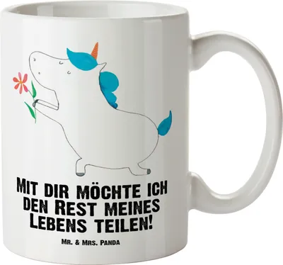 Produktbild von Mr. & Mrs. Panda Riesenkaffeetasse Einhorn Blume - Weiß - Geschenk, Freundin, Unicorn, Pott, Große Teetasse, weisse tasse, Heiraten, Keramiktasse, Einhörner, Mit Henkel