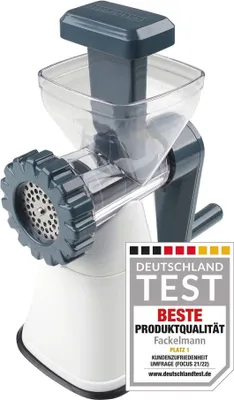 Produktbild von Fackelmann Fleischwolf mit Gebäckaufsatz #easyprepare, hochwertige Wurstmaschine, manueller Wurstfüller, stabile Hackfleischmaschine, moderne Wurstpresse (Farbe: Weiß / Blau / Grau), 1 x 6 Teile