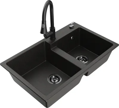 Produktbild von Mexen Tomas 2-Becken-Granitspüle mit Mischbatterie Elia, Schwarz/Gold metallisch - 6516-75-670101-70-B