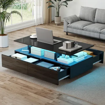 Produktbild von BALCONERA Couchtische, Beistelltische, Wohnzimmertisch, LED-Beleuchtung, Holz, Offener Stauraum, 4 Schubladen, Moderner Stil, 90x55x41,1cm
