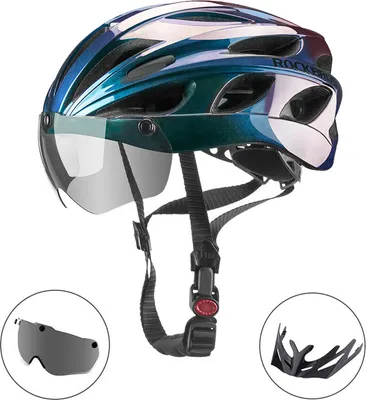 Produktbild von ROCKBROS Fahrradhelm, Farbverlauf blau, 58-61cm, mit Visier, Sonnenblende & Schutzbrille, 24 Lüftungsschlitze, abnehmbares Innenpolster, Größenanpassungssystem, für Mountainbike & Rennrad, Unisex Erwachsene, aus hochdichtem EPS-Schaumstoff, ca. 281g, One-Mode-Technologie