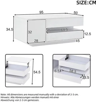 Image de Table basse pliante de 109 cm - Avec tiroir et meuble de rangement - Finition brillante avec éclairage LED - Table basse moderne pour salon