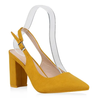 Produktbild von Mytrendshoe Damen Pumps Slingpumps Blockabsatz High Heel Slingback Abendschuhe 832663, Farbe: Gelb, Größe: 40