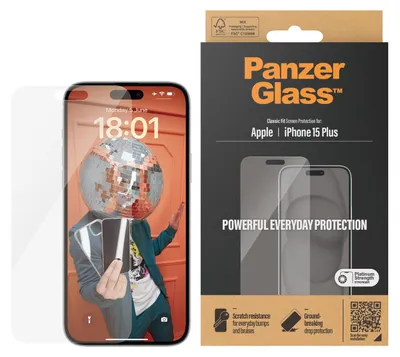 Zdjęcie produktu dla PanzerGlass ® Screen Protector iPhone 15 Plus | Classic Fit, Apple, Apple - iPhone 15 Plus, Aplikacja na sucho, Odporny na zadrapania, Odporny na wstrząsy, Przezroczysty, 1 szt.