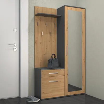 Produktbild von 120 cm breit Kompaktgarderobe Fiora 3-st. Garderoben-Set Garderobenschrank Paneel Schuhschrank inkl. Spiegel, Farbe: Anthrazit + Artisan