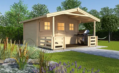 Produktbild von WEKA 110.3830.44.00 Premium Gartenhaus/Blockbohlenhaus Konstanz 1 Vordach/Terasse (200 cm/200cm)/Einzeltür/Einzelfenster ; Größe: 1 ; Farbgebung: Naturbelassen ; Wandstärke: 28 mm ; Maße (LxBxH): 500 cm x 380 cm x 262 cm ; Seitenwandhöhe: 210 cm