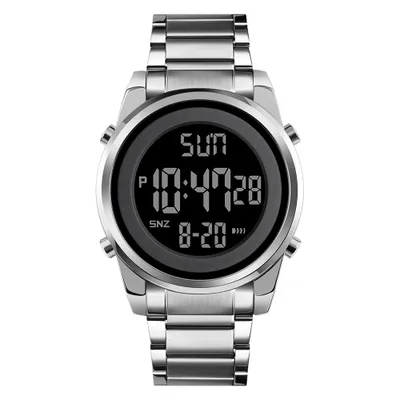 A digital watch with a metal band is shown against a white background.
