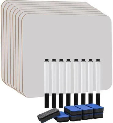 Produktbild von 8 Stück Hisredsun kleines A4 Mini‑Whiteboard, abwischbare Tafel mit 8 Stiften & 8 Radiergummis für Klassenzimmer, Zuhause und Büro