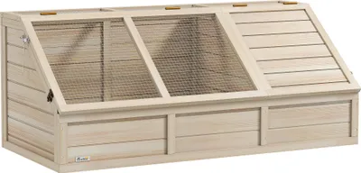 Image de PawHut Maison en bois pour tortues, enclos extérieur pour petits animaux avec couvercle ouvrable, loquets et 2 espaces distincts, sans fond, 120 x 55 x 50 cm, bois naturel