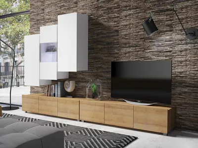 Produktbild von Wohnwand CALABRINI-17 Wohnzimmer-Set Hängewohnwand Schrankwand mit LED-Beleuchtung TV-Schrank Vitrine Moderne Anbauwand Hochglanz (Weiß + Eiche Gold)
