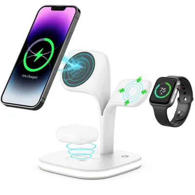 A white 3-in-1 wireless charging station is shown with an iPhone, Apple Watch, and AirPods charging on it. The iPhone screen displays '75% Charged'.