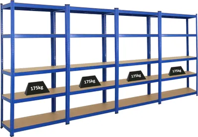 Produktbild von Mega Deal | 4x Schwerlastregal Ragnar | HxBxT 180x90x40cm | 5 MDF-Platten-Ebenen | Fachlast 175kg | Blau