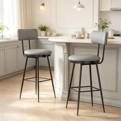 Immagine prodotto di Set di 2 sgabelli da bar INONEFT con schienale, sedie da cucina in stile industriale con poggiapiedi, rivestimento in PU, stile mid-century modern, colore grigio