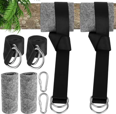 Produktbild von 2 Stück Hängematten-Aufhängesystem - 150 cm - bis zu 500 kg - Nylon - mit 2 Karabinern, 2 Schutzmatten - für Schaukeln, Nestschaukeln, Hängesessel