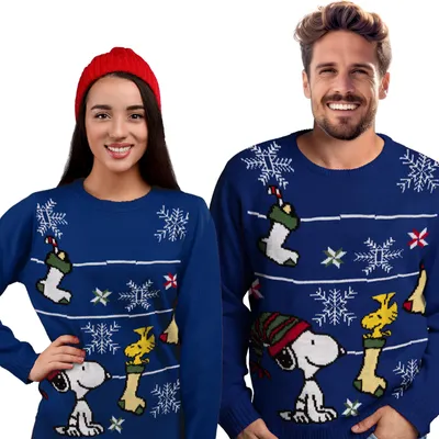 Produktbild von The Peanuts Winterpullover Uni - Snoopy Winter Strick Pullover Sweatshirt Ugly Sweater für Herren & Damen Blau XL
